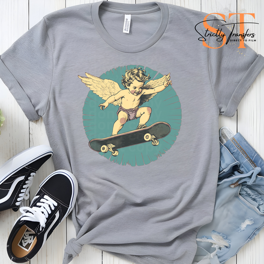 Cupid Skateboarder with Teal Circle Direct to Film Transfers