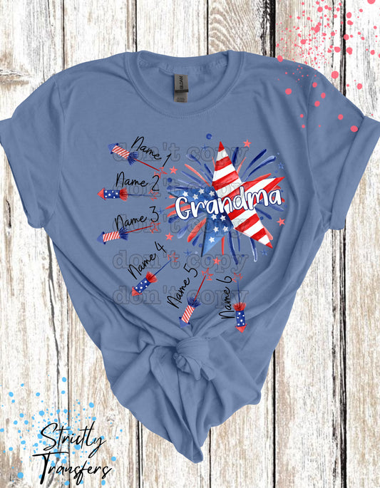 Grandma Star & Fireworks Custom Names - Up to 6 Direct to Film Transfer