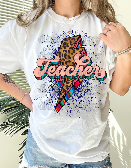 Teacher Lightning Bolt Cheetah/Aztec Direct to Film Transfer