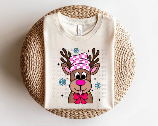 Pink Checker Hat Reindeer Direct to Film Transfer