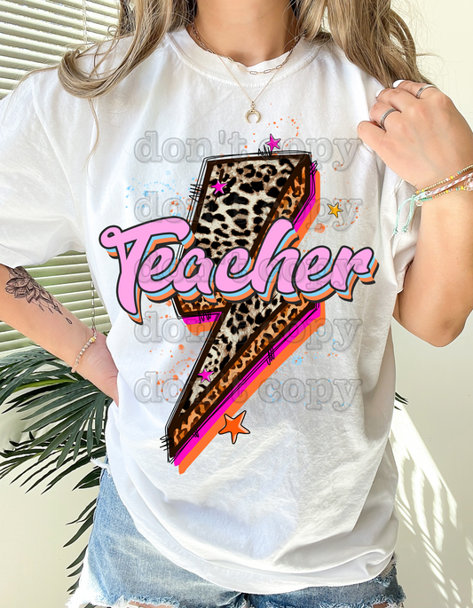 Bright Leopard Print Teacher Lightning Bolt Direct to Film Transfer