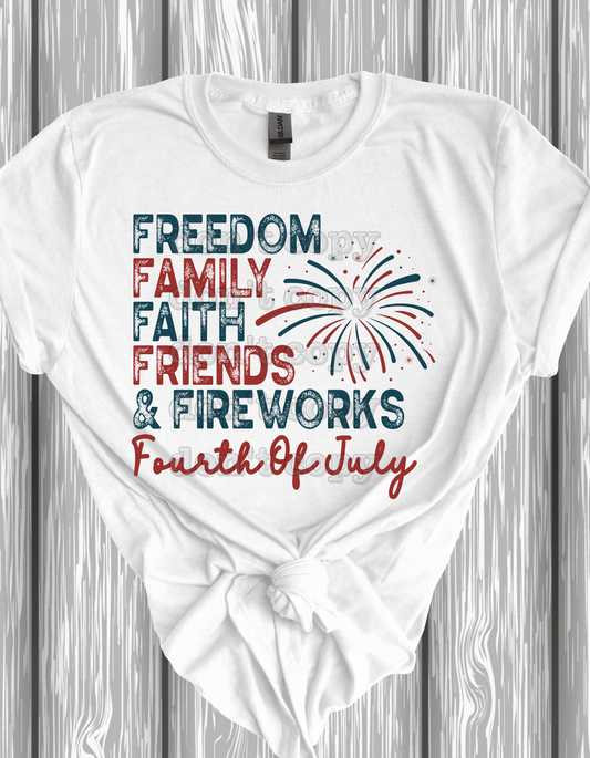Freedom Family Faith Friends Fireworks Typography Direct to Film Transfer