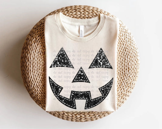 Jack O’ Lantern Smile White Stitching Faux Glitter Direct to Film Transfer