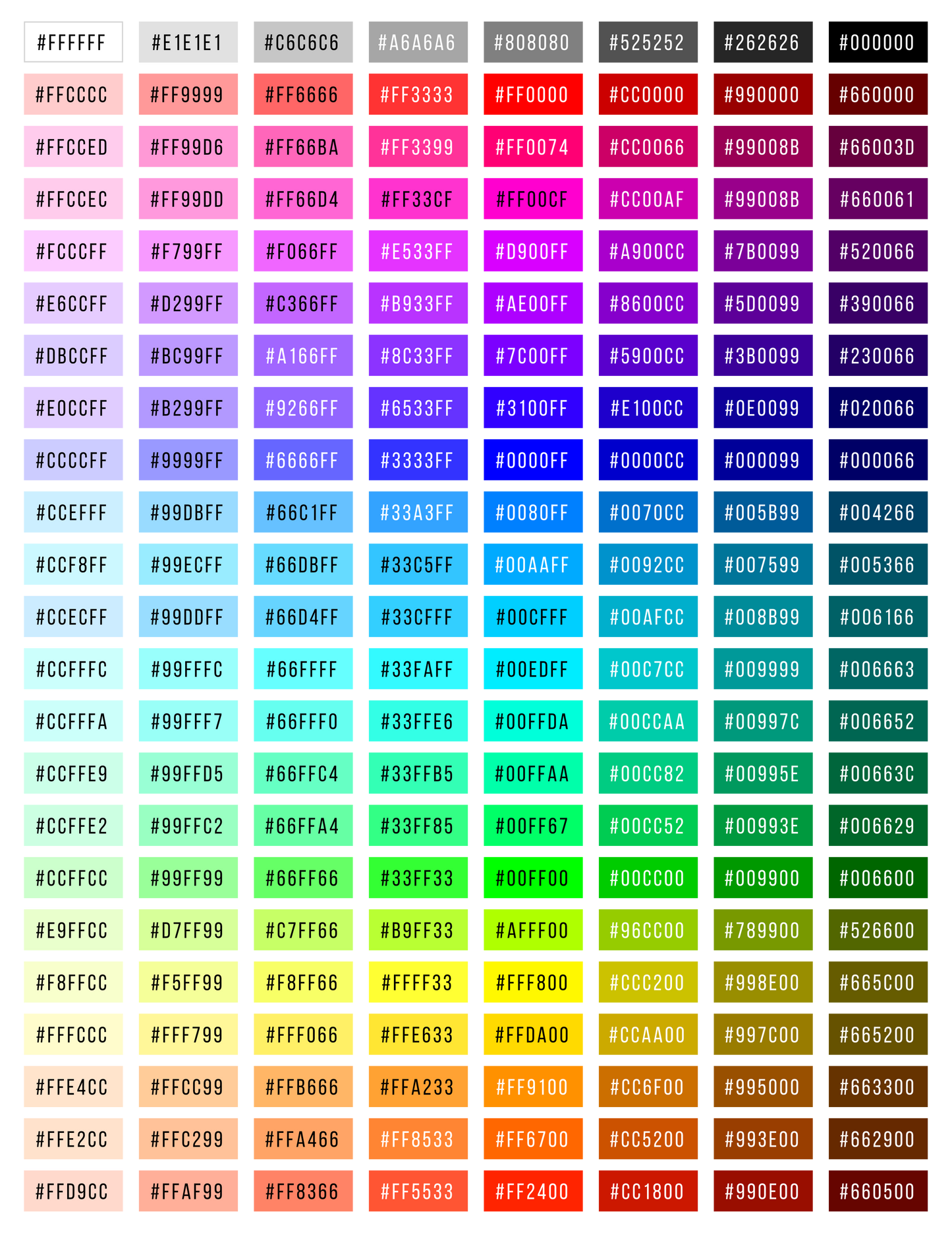 Direct to Film Color Chart with 184 Hex Codes