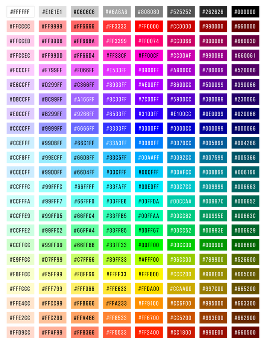 Direct to Film Color Chart with 184 Hex Codes