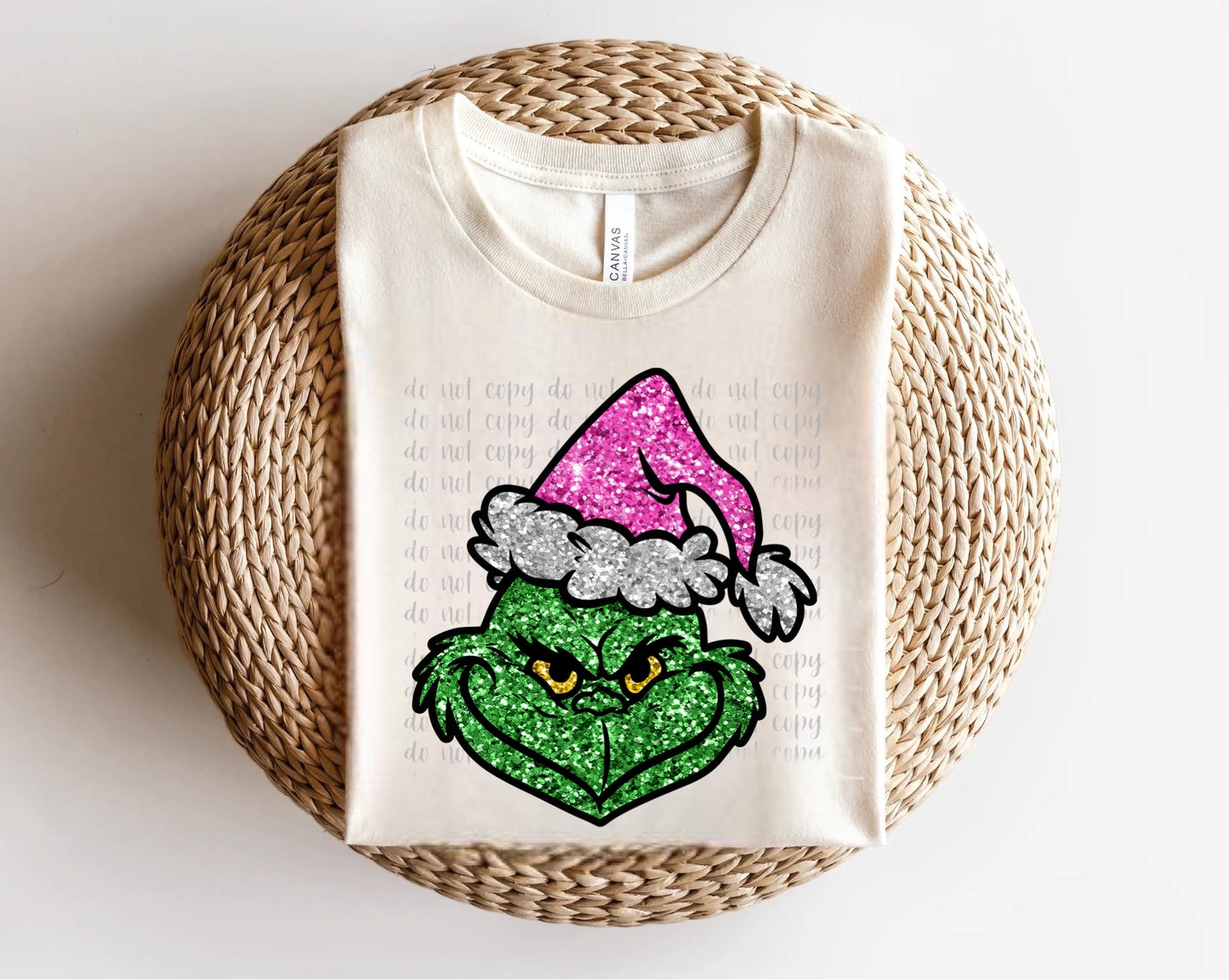 Grinch Faux Glitter Pink Santa Hat Direct to Film Transfer