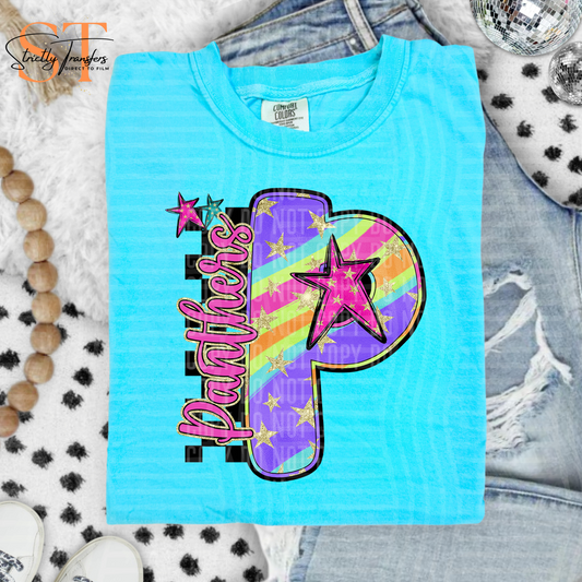 Panthers Rainbow Swirl Initials Direct to Film Transfers