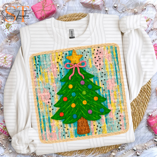 Christmas Tree with Painted Background Faux Yarn Direct to Film Transfers