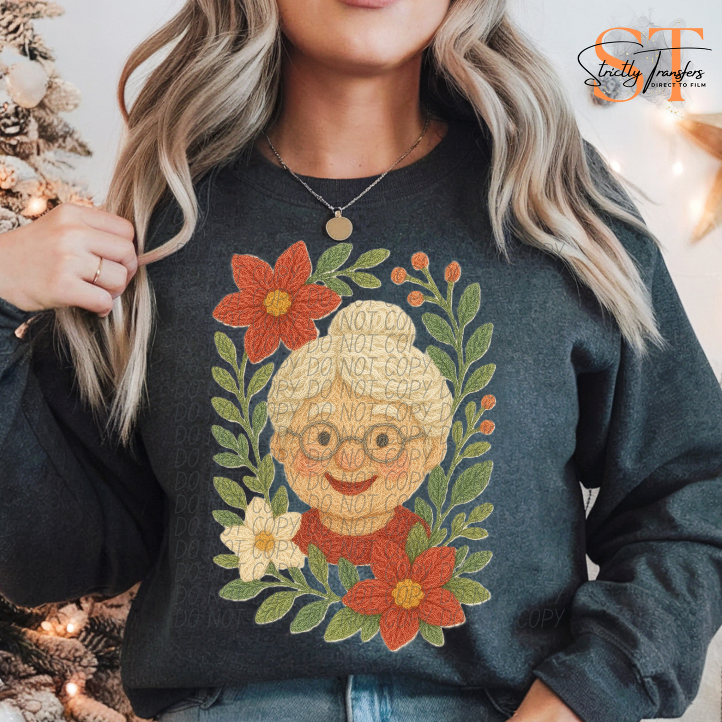 Floral Mrs. Claus Faux Yarn Direct to Film Transfers