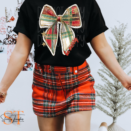 Be Merry Plaid Bow Direct to Film Transfers