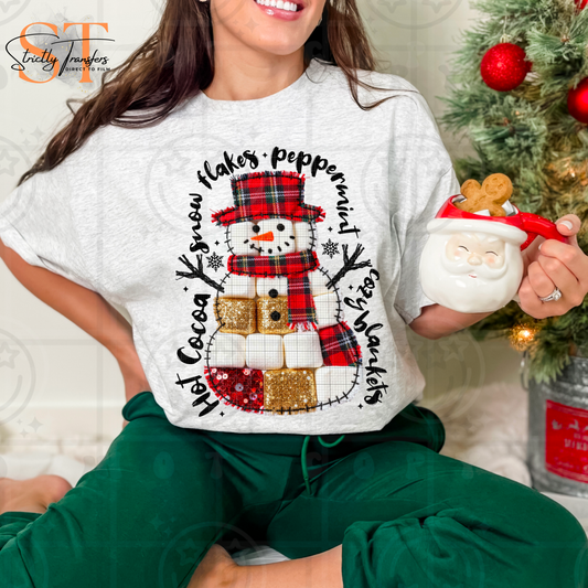 Hot Cocoa Snowflakes Faux Embroidery Snowman Direct to Film Transfers