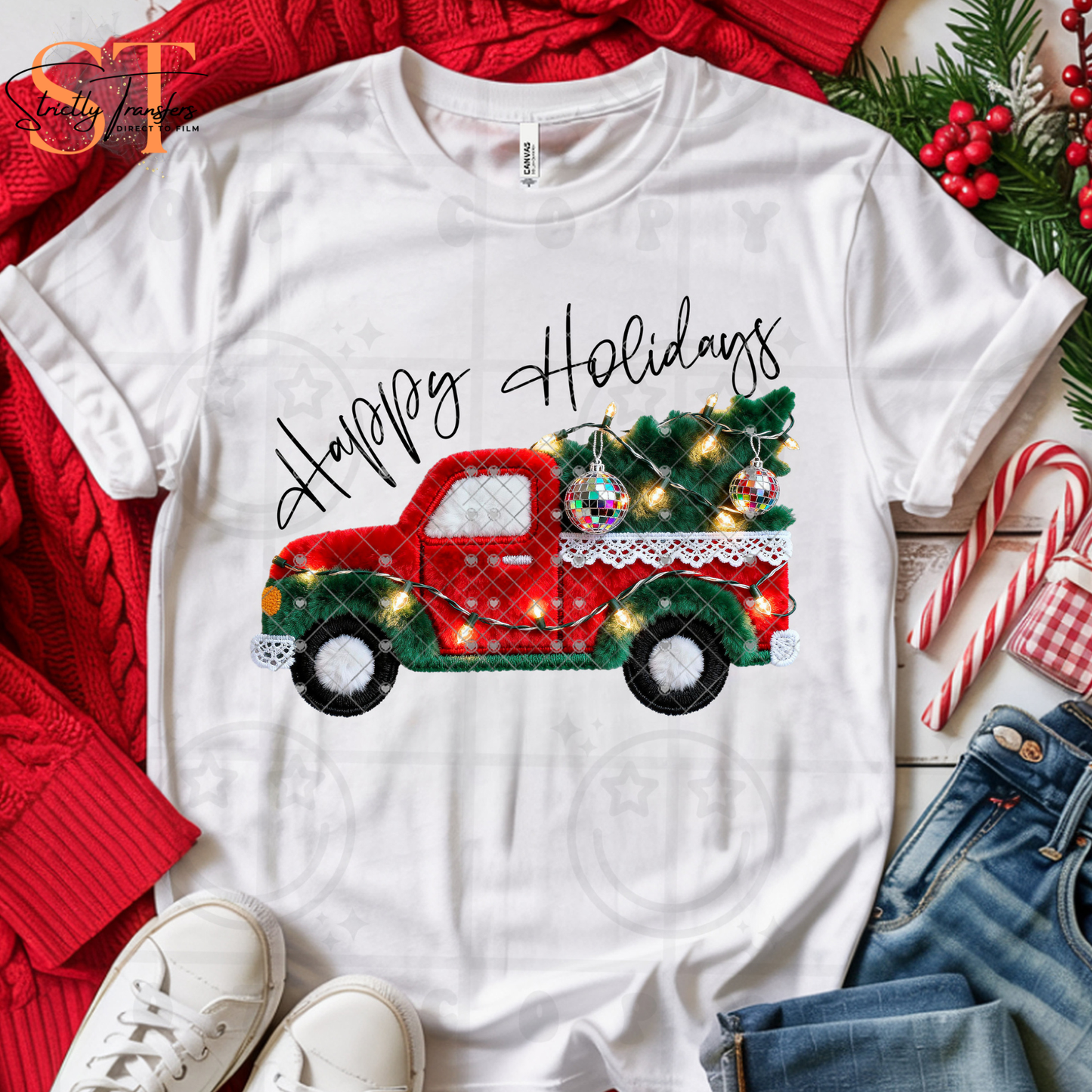 Happy Holidays Red Truck with Faux Lights Direct to Film Transfers