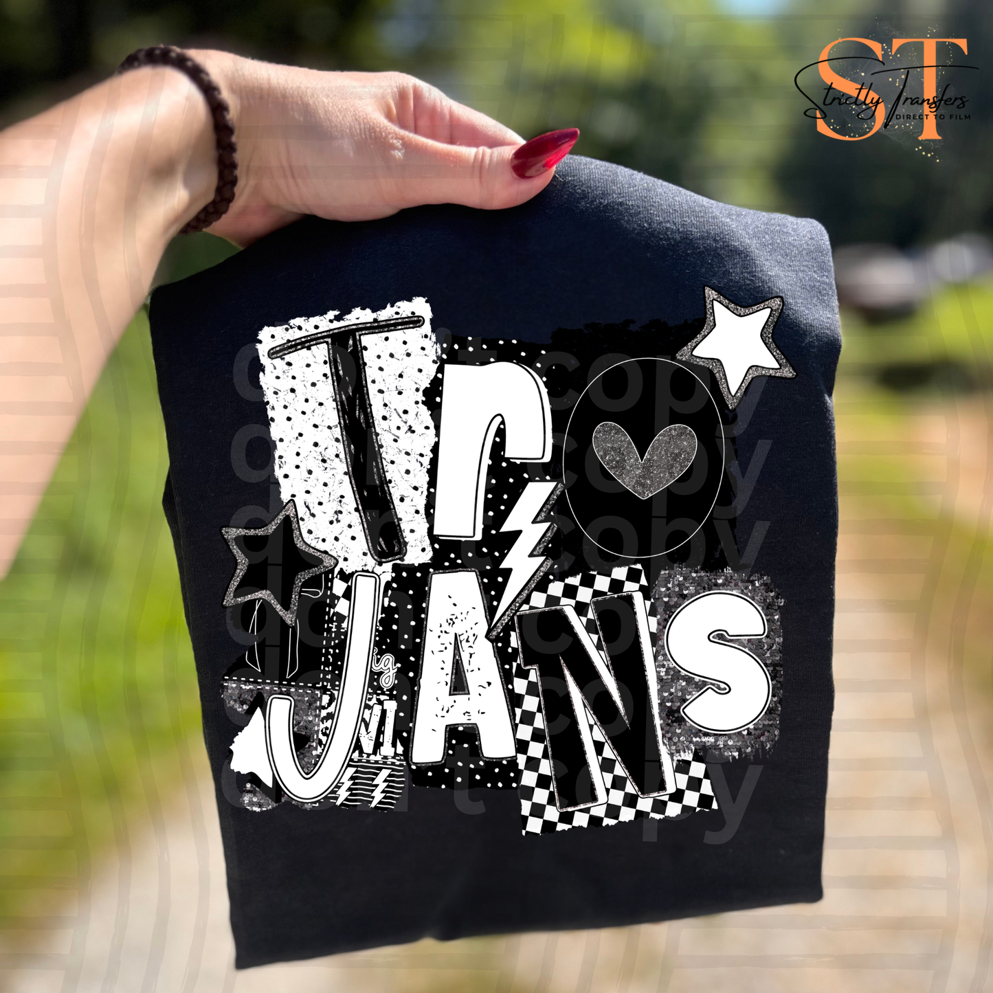 Trojans Black & White Collage Direct to Film Transfers