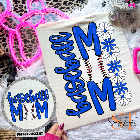 Baseball Mom Daisies pocket design included- 10 color options Direct to Film Transfers