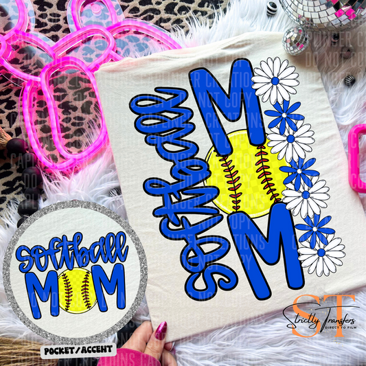 Softball Mom Daisies pocket design included- 10 color options Direct to Film Transfers