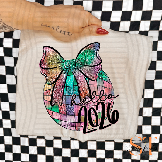 Disco Ball Bow Hello 2026 Direct to Film Transfers