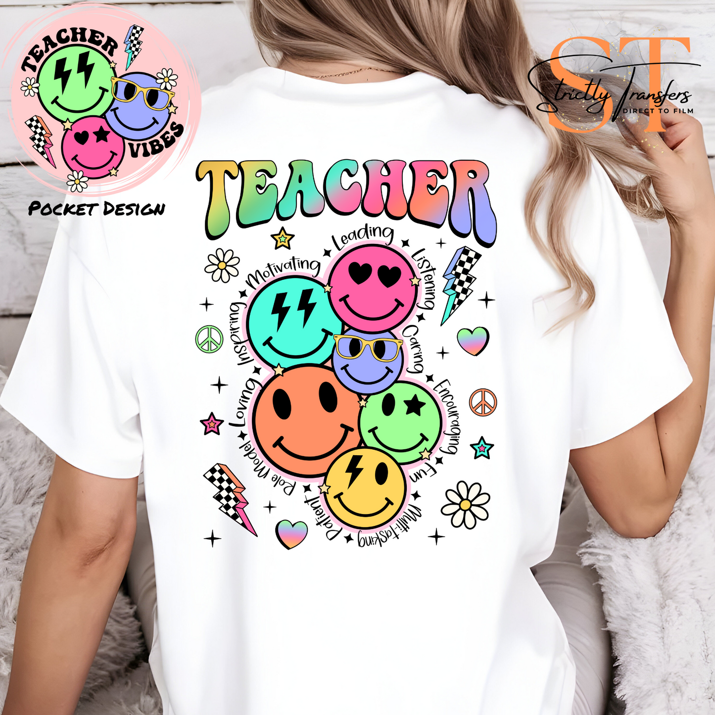 Teacher Smiley with Pocket Design included Direct to Film Transfers
