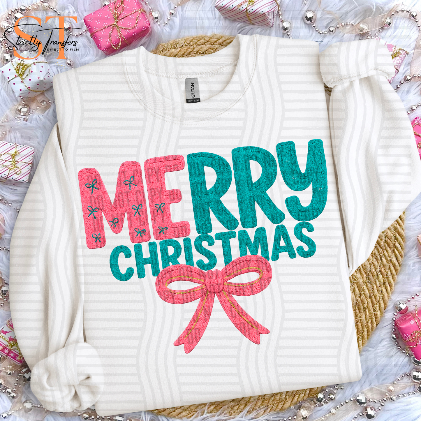 Merry Christmas Bow Faux Yarn Direct to Film Transfers