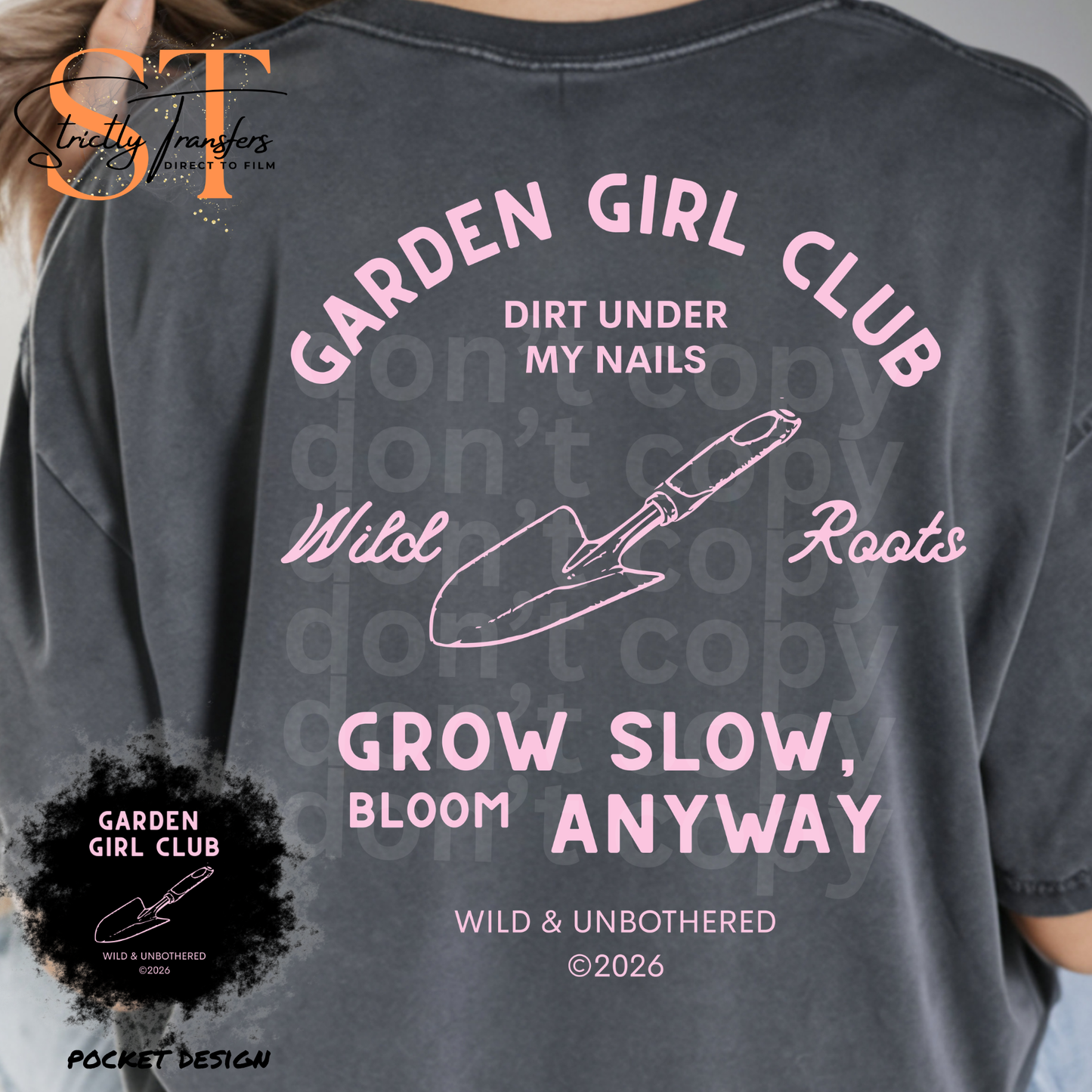 Garden Girl Club shovel - pocket design included - 2 colors Direct to Film Transfers
