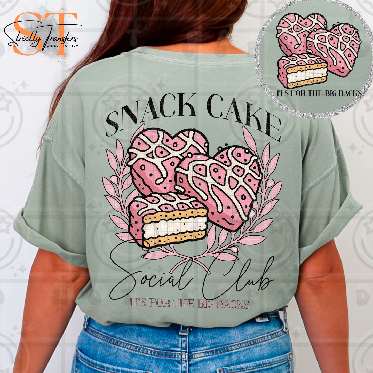 Snack Cake Social Club - Pocket detail included Direct to Film Transfers