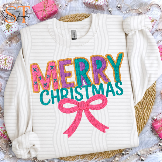 Merry Christmas Tri-Colored Bow Faux Yarn Direct to Film Transfers