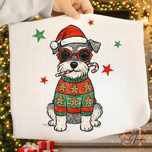 Schnauzer Christmas with Sunglasses Direct to Film Transfers