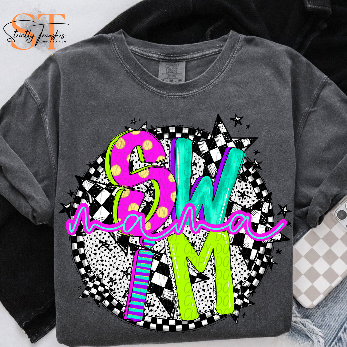 Neon Checker Swim Mama Direct to Film Transfers