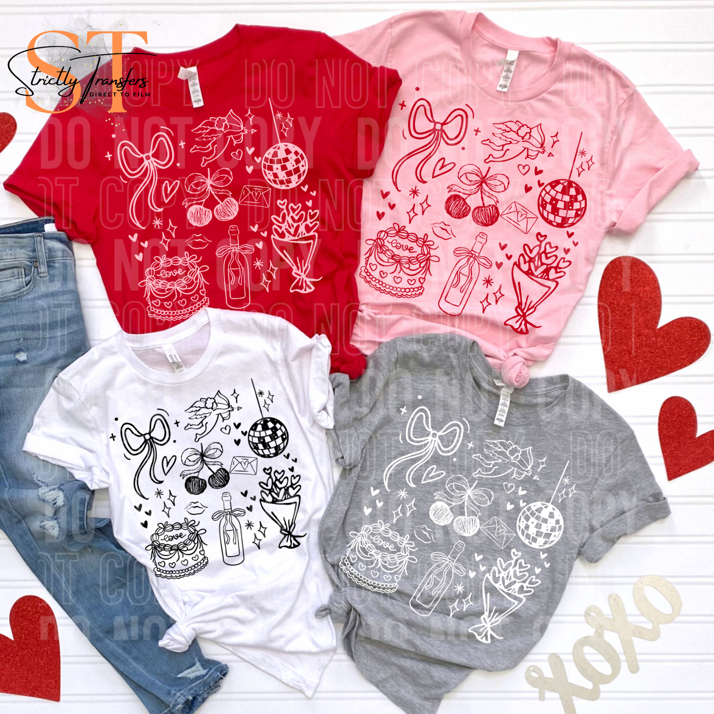 Valentine's Day Doodle Collage - 4 colors Direct to Film Transfers