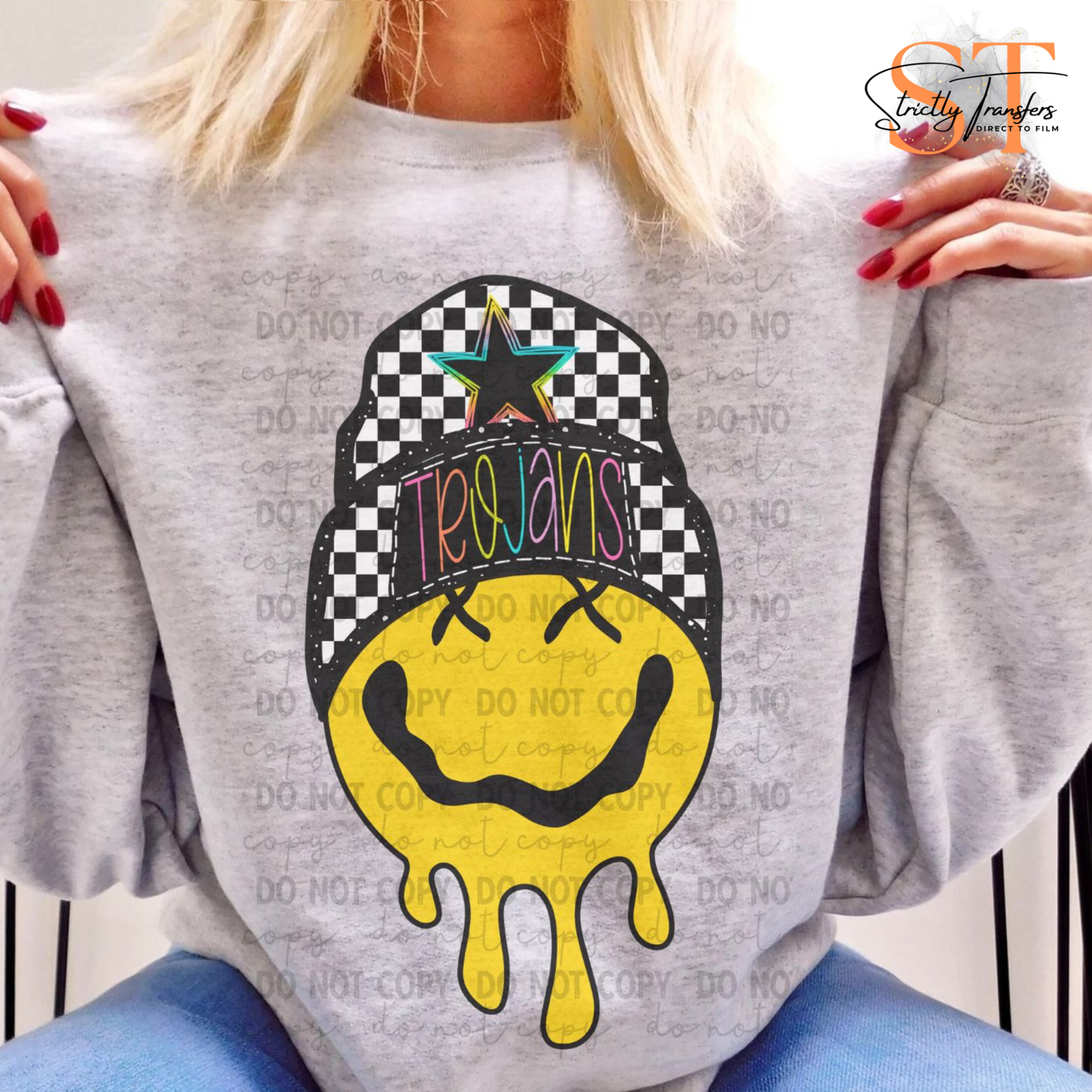 Trojans Checkered Hat Smiley Direct to Film Transfers