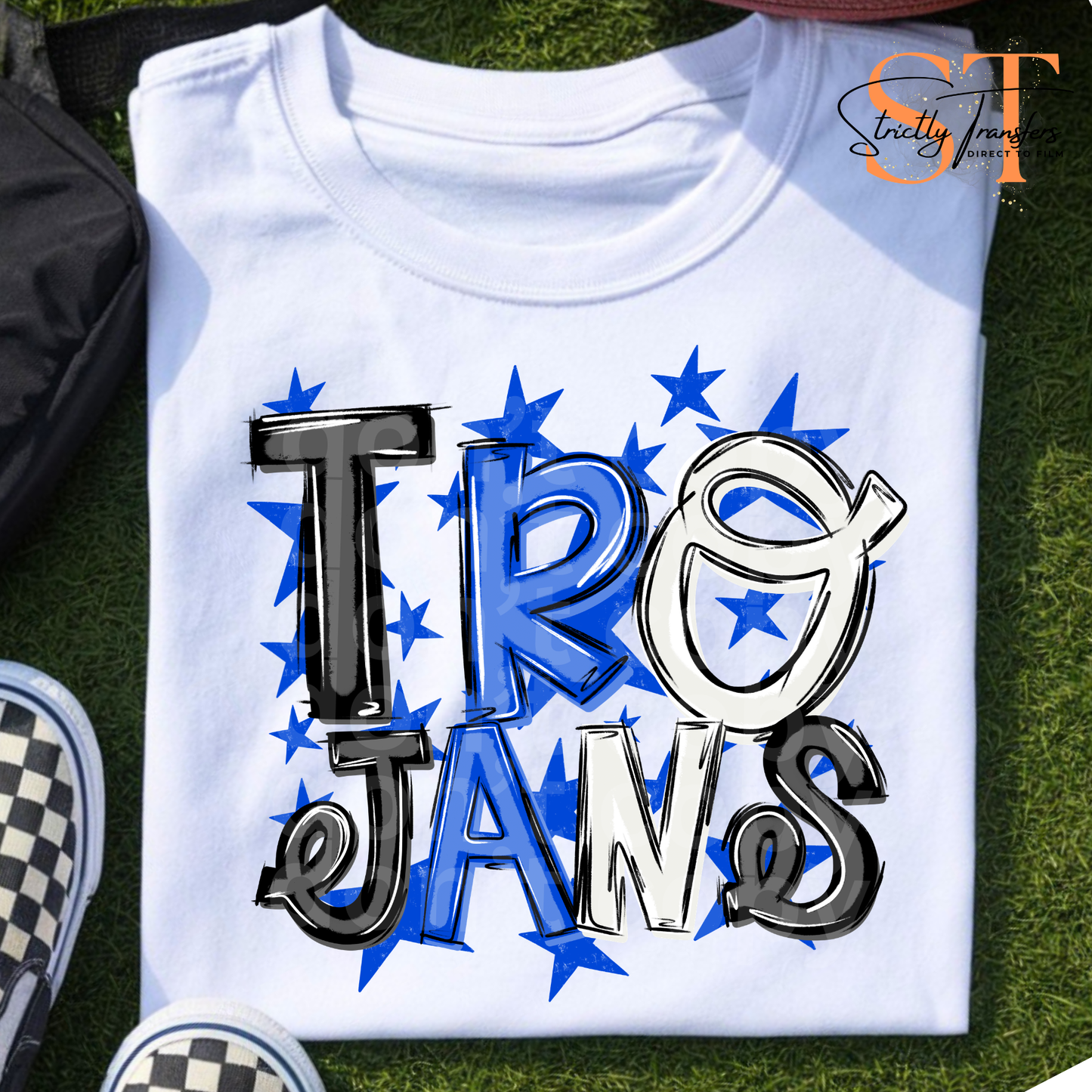 Trojans Messy Spirit Blue Direct to Film Transfers