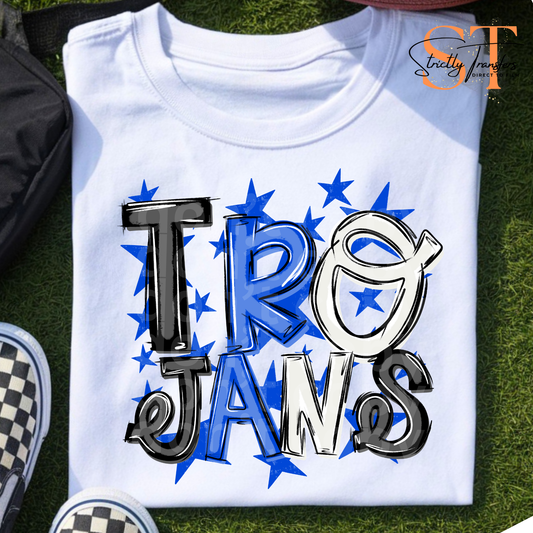 Trojans Messy Spirit Blue Direct to Film Transfers