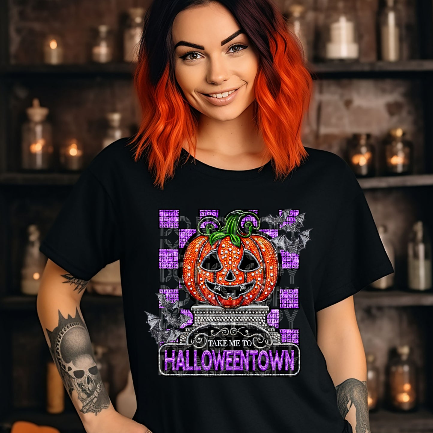 Take Me To Halloween Town Faux Rhinestone Direct to Film Transfer