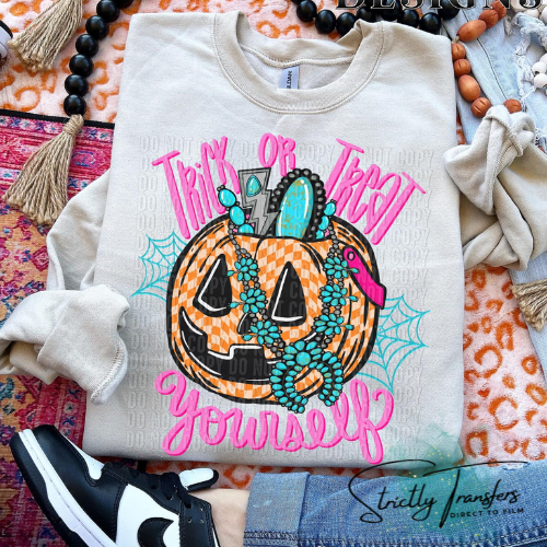 Trick Or Treat Yourself Pumpkin Pink Font Direct To Film Transfer