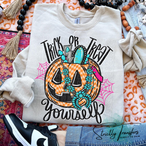 Trick Or Treat Yourself Pumpkin Black Font Direct To Film Transfer