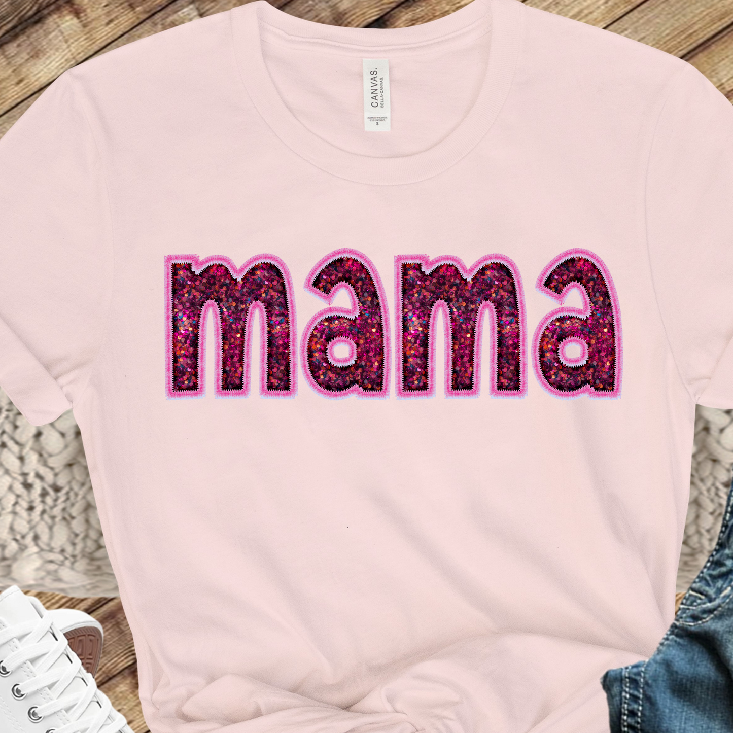 Mama Faux Embroidery & Sequin Pink/Pink Direct to Film Transfer