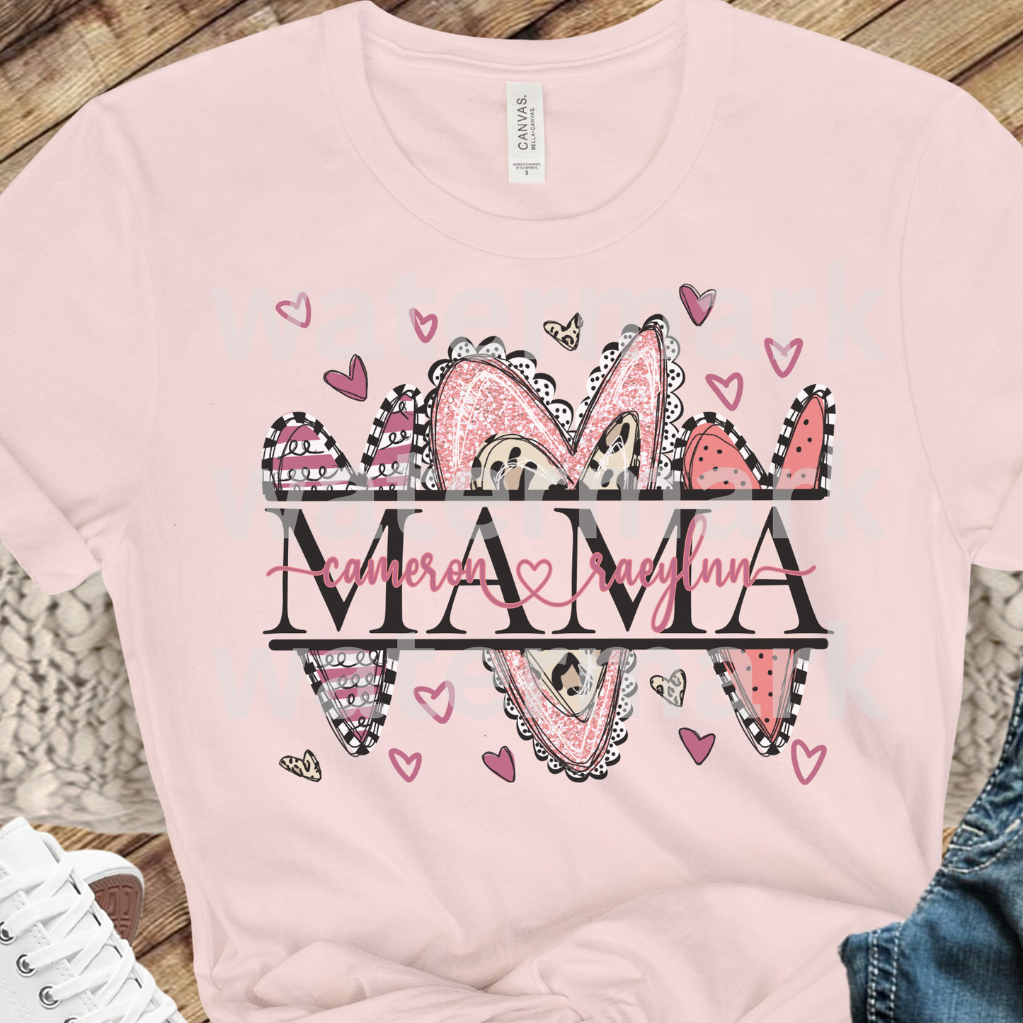 Mama Pink Hearts Name Plate Custom Names - Up to 6 Direct to Film Transfer