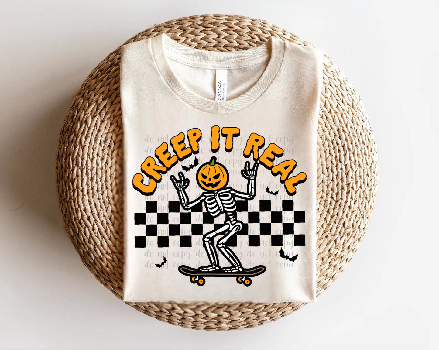 Creep it Real Skateboarding Pumpkin Head Skeleton Direct to Film Transfer