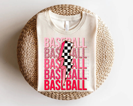 Pink Baseball with Checkered Lightning Bolt Direct to Film Transfer