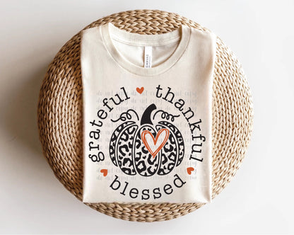 Grateful, Thankful, Blessed leopard pumpkin Direct to Film Transfer