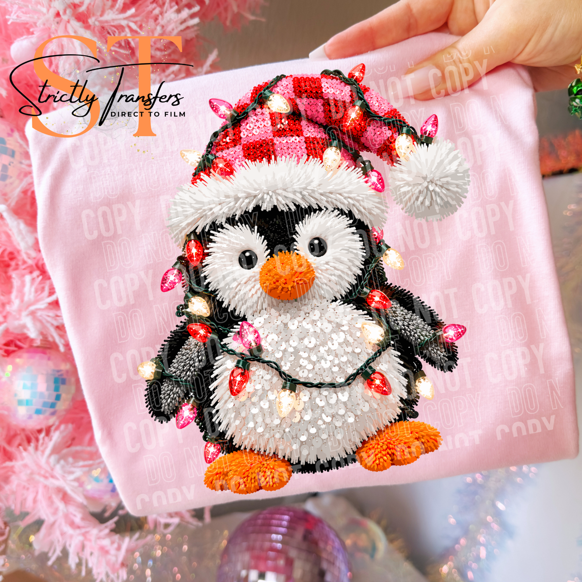 Christmas Penguin Faux Lights Direct to Film Transfers