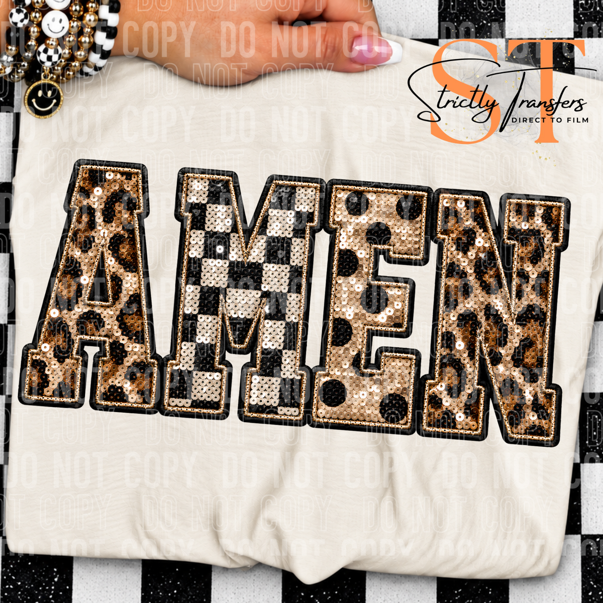 Faux Sequin Amen Direct to Film Transfers