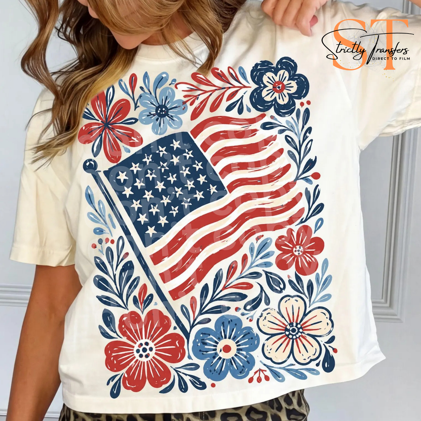 American Flag Floral Direct to Film Transfers