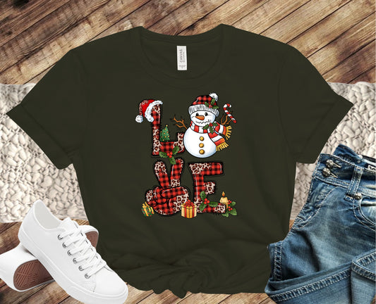 LOVE Snowman Buffalo Plaid Direct to Film Transfer